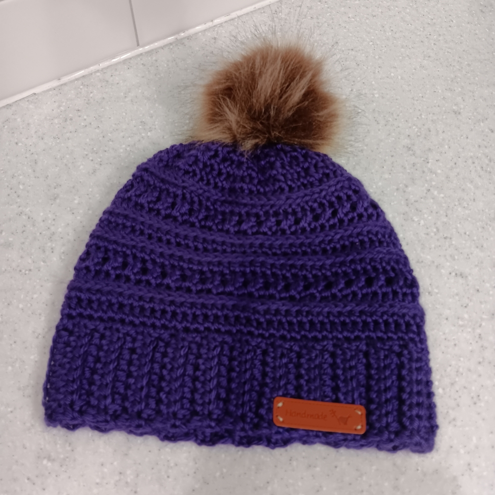Handmade Purple Knit Beanie with Brown Pom-Pom